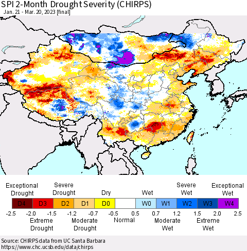 China, Mongolia and Taiwan SPI 2-Month Drought Severity (CHIRPS) Thematic Map For 1/21/2023 - 3/20/2023