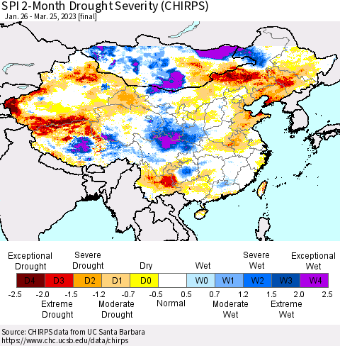 China, Mongolia and Taiwan SPI 2-Month Drought Severity (CHIRPS) Thematic Map For 1/26/2023 - 3/25/2023