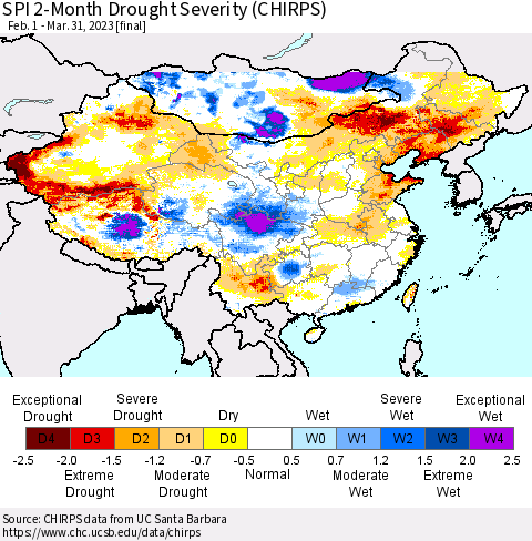 China, Mongolia and Taiwan SPI 2-Month Drought Severity (CHIRPS) Thematic Map For 2/1/2023 - 3/31/2023