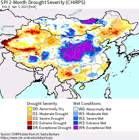 China, Mongolia and Taiwan SPI 2-Month Drought Severity (CHIRPS) Thematic Map For 2/6/2023 - 4/5/2023