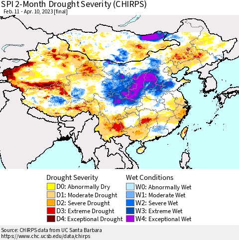 China, Mongolia and Taiwan SPI 2-Month Drought Severity (CHIRPS) Thematic Map For 2/11/2023 - 4/10/2023