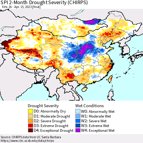 China, Mongolia and Taiwan SPI 2-Month Drought Severity (CHIRPS) Thematic Map For 2/16/2023 - 4/15/2023