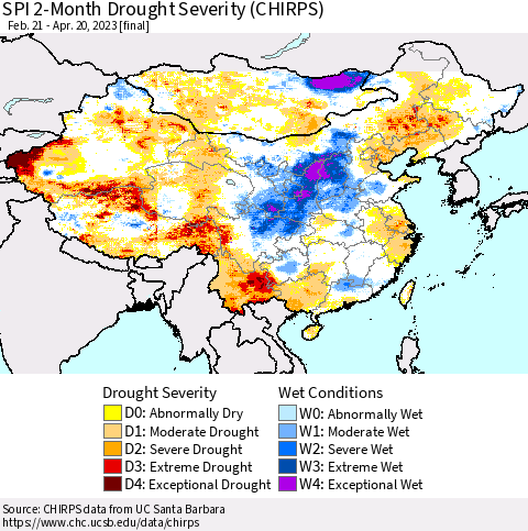 China, Mongolia and Taiwan SPI 2-Month Drought Severity (CHIRPS) Thematic Map For 2/21/2023 - 4/20/2023