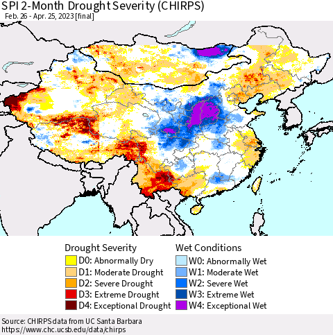 China, Mongolia and Taiwan SPI 2-Month Drought Severity (CHIRPS) Thematic Map For 2/26/2023 - 4/25/2023