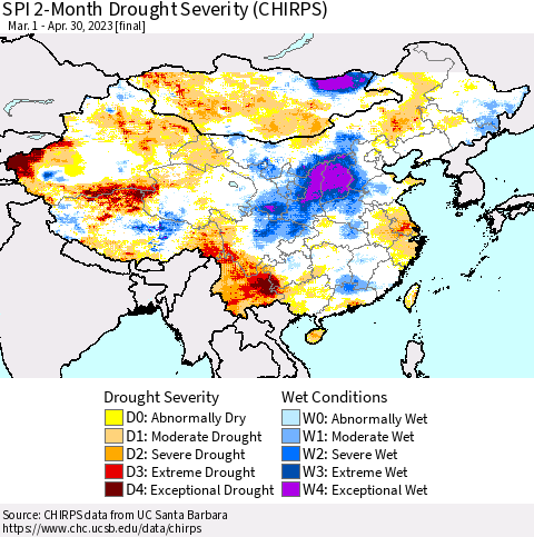 China, Mongolia and Taiwan SPI 2-Month Drought Severity (CHIRPS) Thematic Map For 3/1/2023 - 4/30/2023