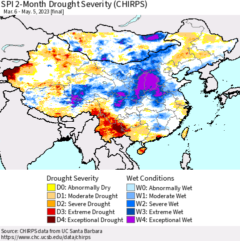 China, Mongolia and Taiwan SPI 2-Month Drought Severity (CHIRPS) Thematic Map For 3/6/2023 - 5/5/2023
