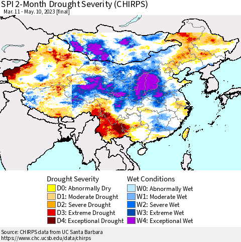 China, Mongolia and Taiwan SPI 2-Month Drought Severity (CHIRPS) Thematic Map For 3/11/2023 - 5/10/2023