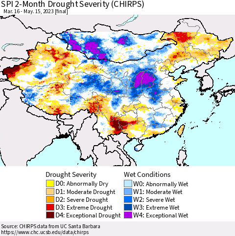 China, Mongolia and Taiwan SPI 2-Month Drought Severity (CHIRPS) Thematic Map For 3/16/2023 - 5/15/2023