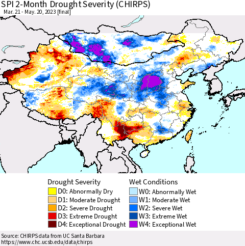 China, Mongolia and Taiwan SPI 2-Month Drought Severity (CHIRPS) Thematic Map For 3/21/2023 - 5/20/2023