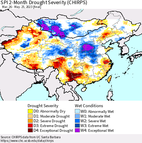 China, Mongolia and Taiwan SPI 2-Month Drought Severity (CHIRPS) Thematic Map For 3/26/2023 - 5/25/2023