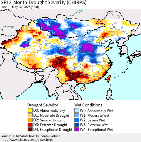 China, Mongolia and Taiwan SPI 2-Month Drought Severity (CHIRPS) Thematic Map For 4/1/2023 - 5/31/2023