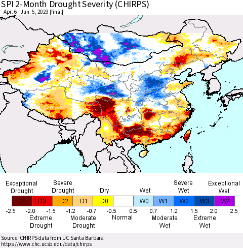 China, Mongolia and Taiwan SPI 2-Month Drought Severity (CHIRPS) Thematic Map For 4/6/2023 - 6/5/2023
