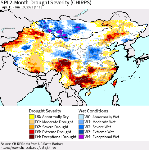China, Mongolia and Taiwan SPI 2-Month Drought Severity (CHIRPS) Thematic Map For 4/11/2023 - 6/10/2023