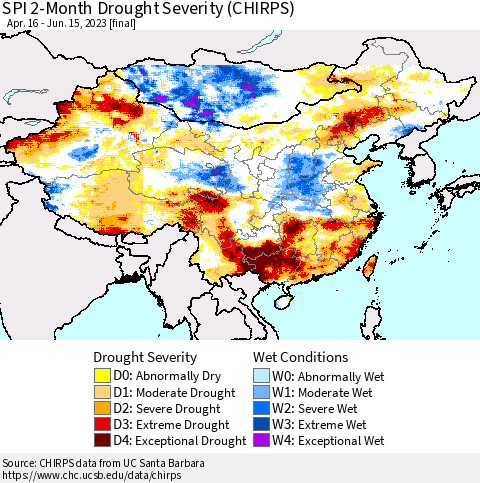 China, Mongolia and Taiwan SPI 2-Month Drought Severity (CHIRPS) Thematic Map For 4/16/2023 - 6/15/2023