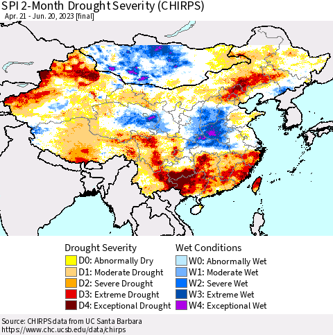 China, Mongolia and Taiwan SPI 2-Month Drought Severity (CHIRPS) Thematic Map For 4/21/2023 - 6/20/2023