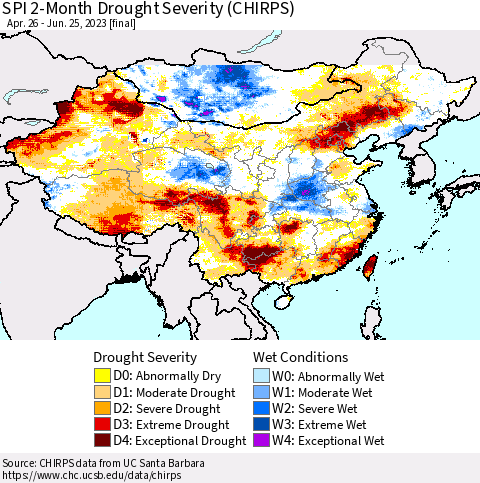 China, Mongolia and Taiwan SPI 2-Month Drought Severity (CHIRPS) Thematic Map For 4/26/2023 - 6/25/2023
