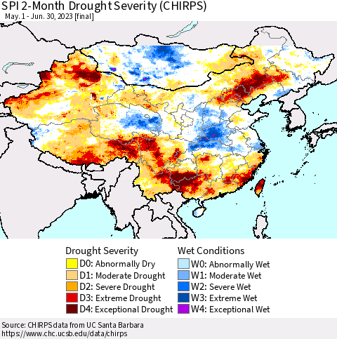 China, Mongolia and Taiwan SPI 2-Month Drought Severity (CHIRPS) Thematic Map For 5/1/2023 - 6/30/2023
