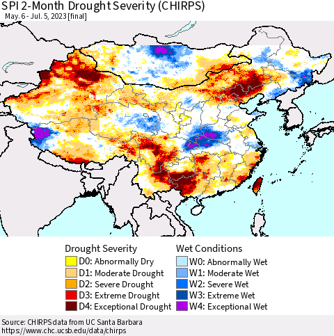 China, Mongolia and Taiwan SPI 2-Month Drought Severity (CHIRPS) Thematic Map For 5/6/2023 - 7/5/2023