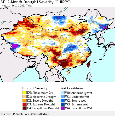 China, Mongolia and Taiwan SPI 2-Month Drought Severity (CHIRPS) Thematic Map For 5/11/2023 - 7/10/2023