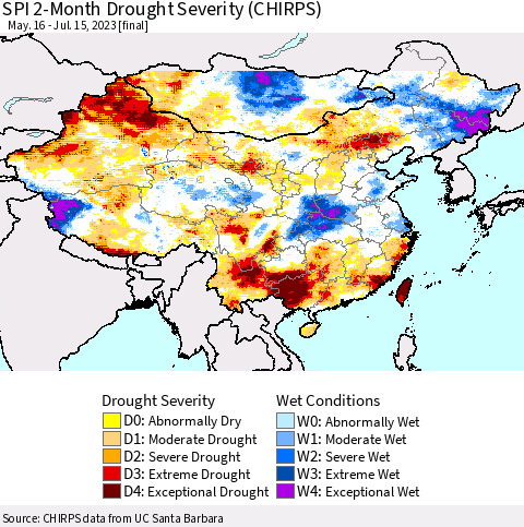 China, Mongolia and Taiwan SPI 2-Month Drought Severity (CHIRPS) Thematic Map For 5/16/2023 - 7/15/2023