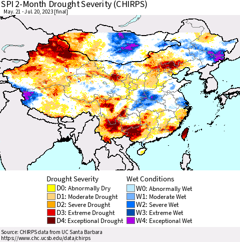 China, Mongolia and Taiwan SPI 2-Month Drought Severity (CHIRPS) Thematic Map For 5/21/2023 - 7/20/2023