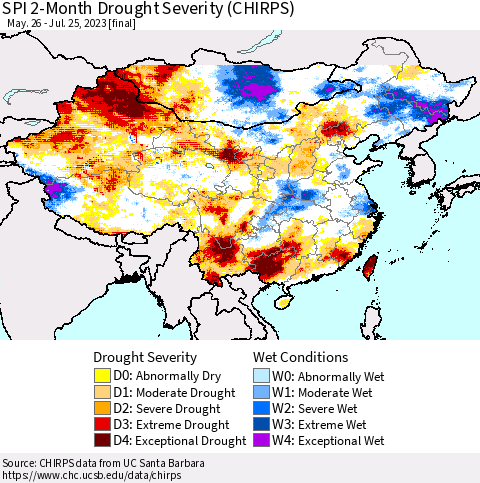 China, Mongolia and Taiwan SPI 2-Month Drought Severity (CHIRPS) Thematic Map For 5/26/2023 - 7/25/2023