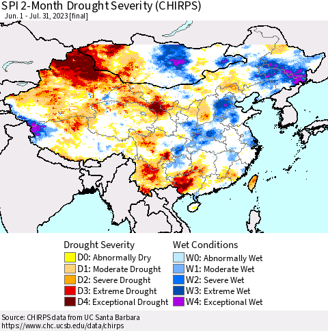 China, Mongolia and Taiwan SPI 2-Month Drought Severity (CHIRPS) Thematic Map For 6/1/2023 - 7/31/2023