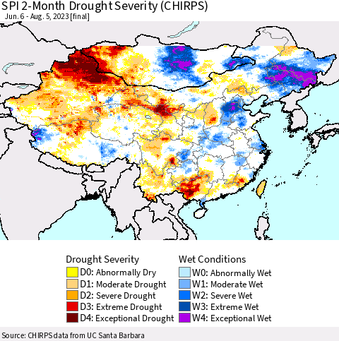 China, Mongolia and Taiwan SPI 2-Month Drought Severity (CHIRPS) Thematic Map For 6/6/2023 - 8/5/2023