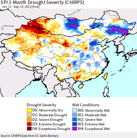 China, Mongolia and Taiwan SPI 2-Month Drought Severity (CHIRPS) Thematic Map For 6/11/2023 - 8/10/2023