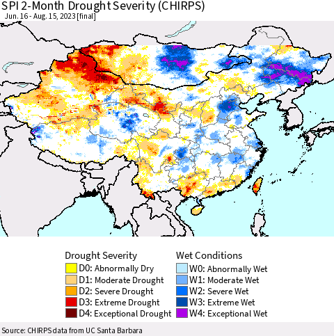 China, Mongolia and Taiwan SPI 2-Month Drought Severity (CHIRPS) Thematic Map For 6/16/2023 - 8/15/2023