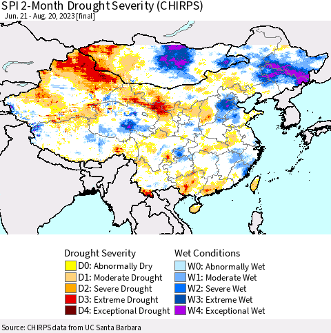 China, Mongolia and Taiwan SPI 2-Month Drought Severity (CHIRPS) Thematic Map For 6/21/2023 - 8/20/2023