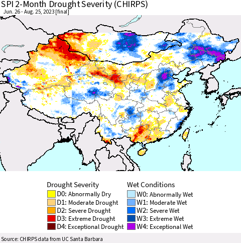 China, Mongolia and Taiwan SPI 2-Month Drought Severity (CHIRPS) Thematic Map For 6/26/2023 - 8/25/2023