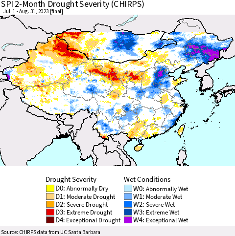 China, Mongolia and Taiwan SPI 2-Month Drought Severity (CHIRPS) Thematic Map For 7/1/2023 - 8/31/2023