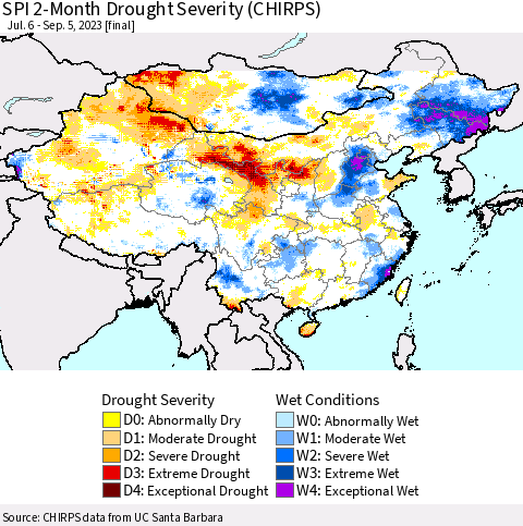 China, Mongolia and Taiwan SPI 2-Month Drought Severity (CHIRPS) Thematic Map For 7/6/2023 - 9/5/2023