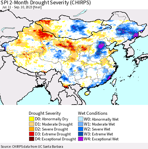 China, Mongolia and Taiwan SPI 2-Month Drought Severity (CHIRPS) Thematic Map For 7/11/2023 - 9/10/2023