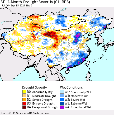 China, Mongolia and Taiwan SPI 2-Month Drought Severity (CHIRPS) Thematic Map For 7/16/2023 - 9/15/2023