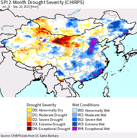 China, Mongolia and Taiwan SPI 2-Month Drought Severity (CHIRPS) Thematic Map For 7/21/2023 - 9/20/2023
