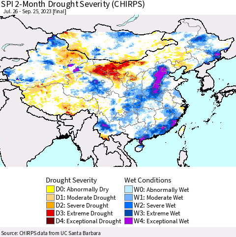China, Mongolia and Taiwan SPI 2-Month Drought Severity (CHIRPS) Thematic Map For 7/26/2023 - 9/25/2023