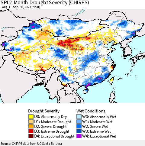 China, Mongolia and Taiwan SPI 2-Month Drought Severity (CHIRPS) Thematic Map For 8/1/2023 - 9/30/2023