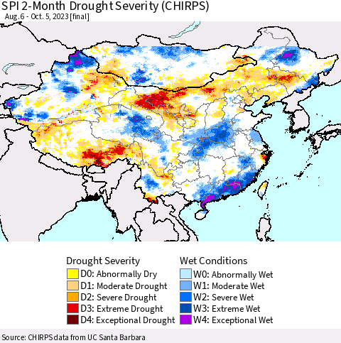China, Mongolia and Taiwan SPI 2-Month Drought Severity (CHIRPS) Thematic Map For 8/6/2023 - 10/5/2023