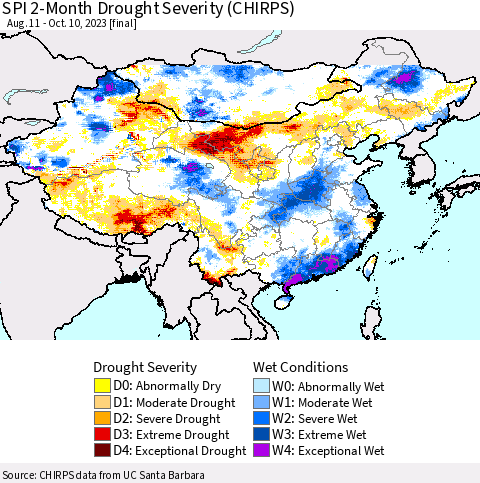 China, Mongolia and Taiwan SPI 2-Month Drought Severity (CHIRPS) Thematic Map For 8/11/2023 - 10/10/2023