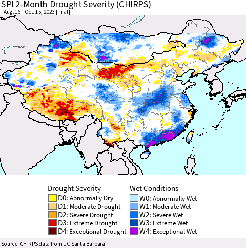 China, Mongolia and Taiwan SPI 2-Month Drought Severity (CHIRPS) Thematic Map For 8/16/2023 - 10/15/2023
