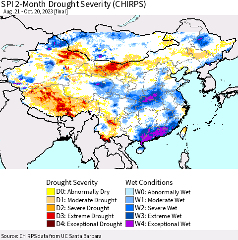 China, Mongolia and Taiwan SPI 2-Month Drought Severity (CHIRPS) Thematic Map For 8/21/2023 - 10/20/2023