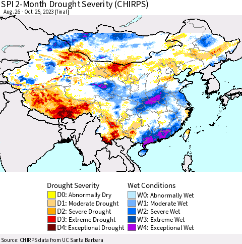 China, Mongolia and Taiwan SPI 2-Month Drought Severity (CHIRPS) Thematic Map For 8/26/2023 - 10/25/2023