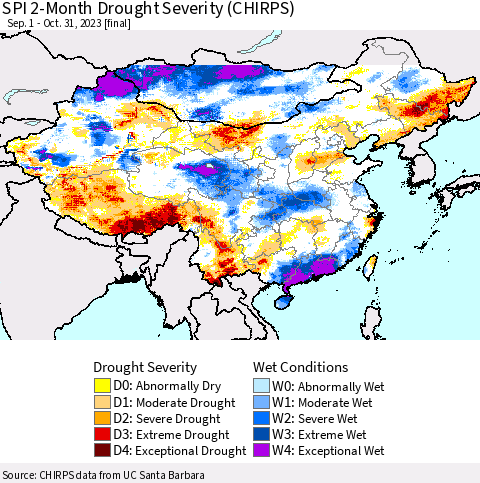 China, Mongolia and Taiwan SPI 2-Month Drought Severity (CHIRPS) Thematic Map For 9/1/2023 - 10/31/2023