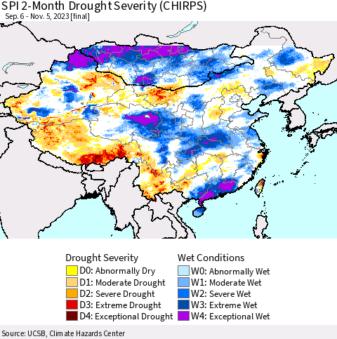 China, Mongolia and Taiwan SPI 2-Month Drought Severity (CHIRPS) Thematic Map For 9/6/2023 - 11/5/2023