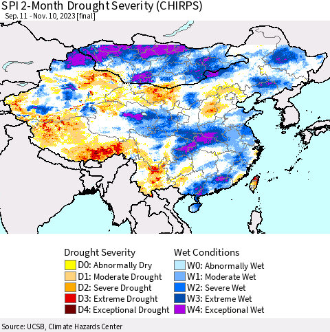 China, Mongolia and Taiwan SPI 2-Month Drought Severity (CHIRPS) Thematic Map For 9/11/2023 - 11/10/2023
