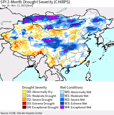 China, Mongolia and Taiwan SPI 2-Month Drought Severity (CHIRPS) Thematic Map For 9/16/2023 - 11/15/2023