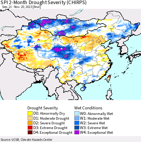 China, Mongolia and Taiwan SPI 2-Month Drought Severity (CHIRPS) Thematic Map For 9/21/2023 - 11/20/2023