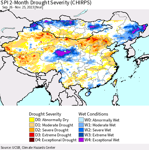 China, Mongolia and Taiwan SPI 2-Month Drought Severity (CHIRPS) Thematic Map For 9/26/2023 - 11/25/2023